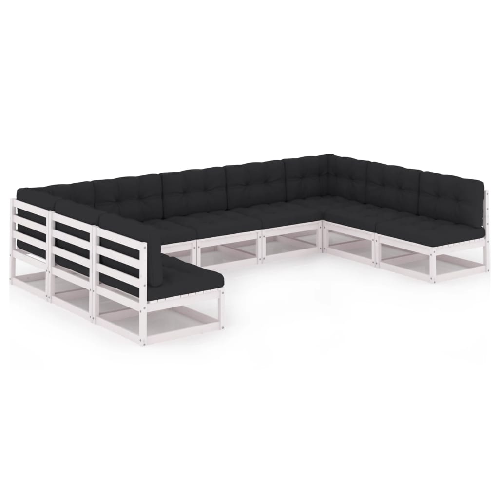 9-tlg. Garten-Lounge-Set mit Kissen Weiss Kiefer Massivholz
